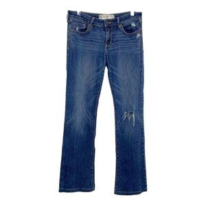 ABERCROMBIE & FITCH THE A&F BOOT DISTRESSED JEANS IN A MEDIUM WHISKERED DENIM